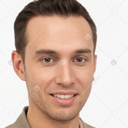 Joyful white young-adult male with short  brown hair and brown eyes