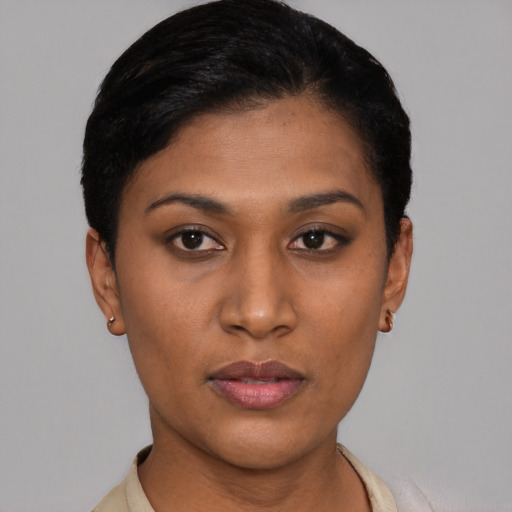 Neutral latino young-adult female with short  black hair and brown eyes