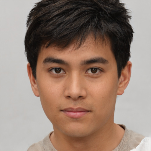Neutral asian young-adult male with short  brown hair and brown eyes