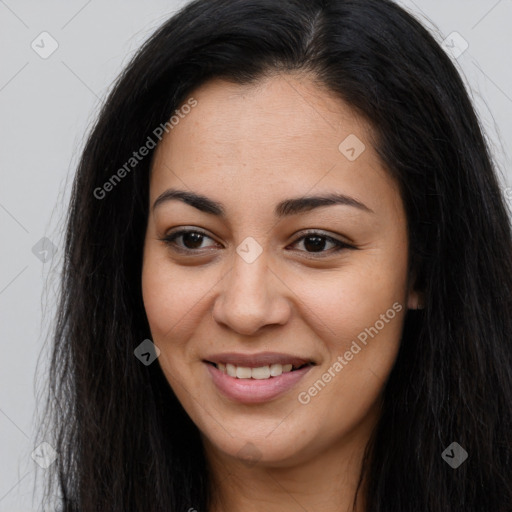 Joyful asian young-adult female with long  brown hair and brown eyes