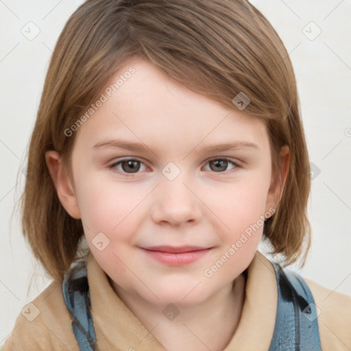 Joyful white child female with medium  brown hair and grey eyes