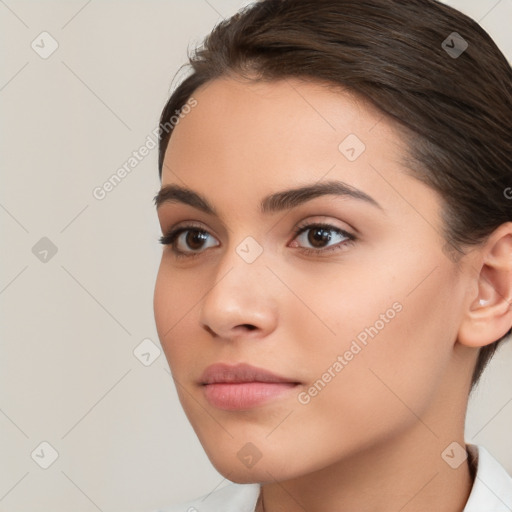 Neutral white young-adult female with medium  brown hair and brown eyes