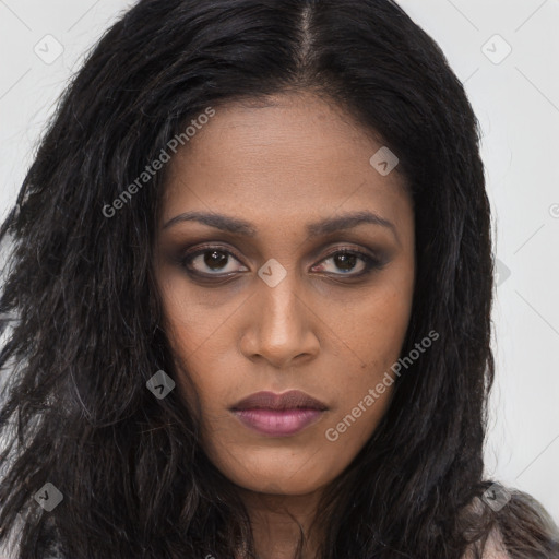 Neutral black young-adult female with long  brown hair and brown eyes