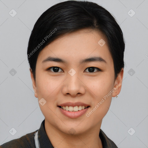 Joyful asian young-adult female with short  black hair and brown eyes