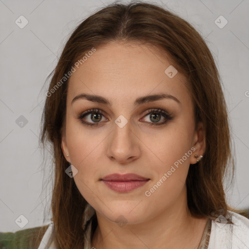 Joyful white young-adult female with medium  brown hair and brown eyes