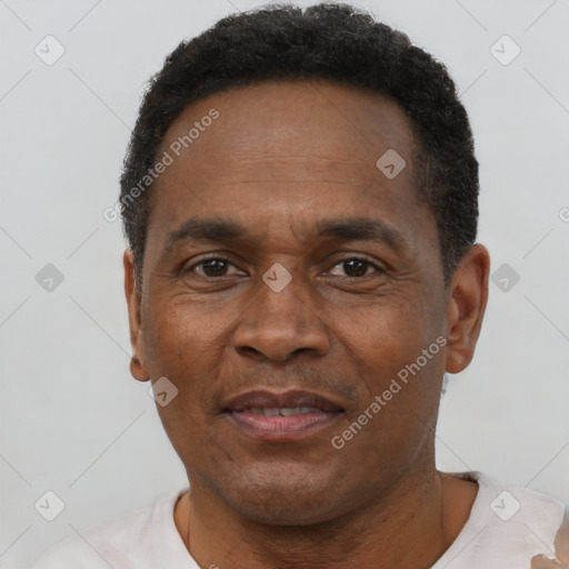 Neutral black adult male with short  brown hair and brown eyes