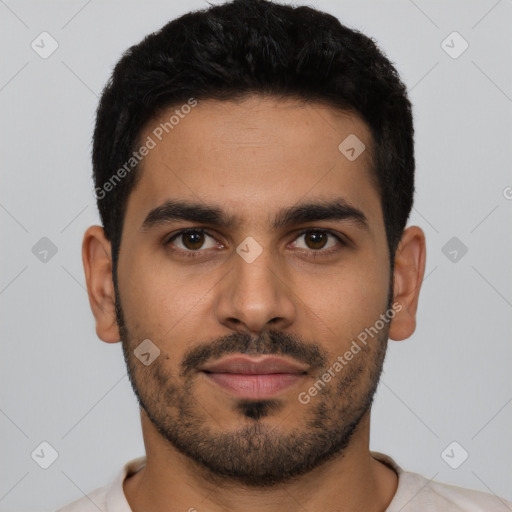 Neutral latino young-adult male with short  black hair and brown eyes