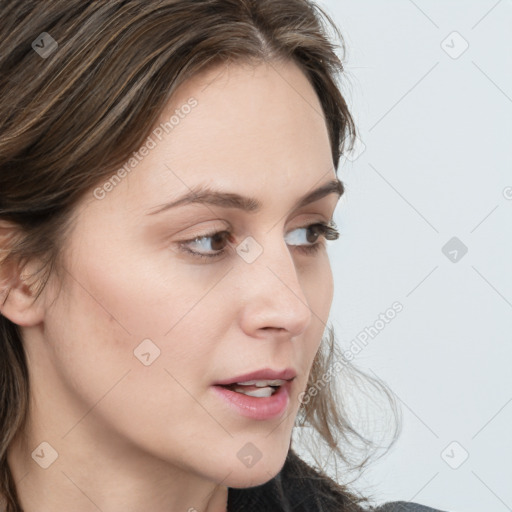 Neutral white young-adult female with medium  brown hair and blue eyes