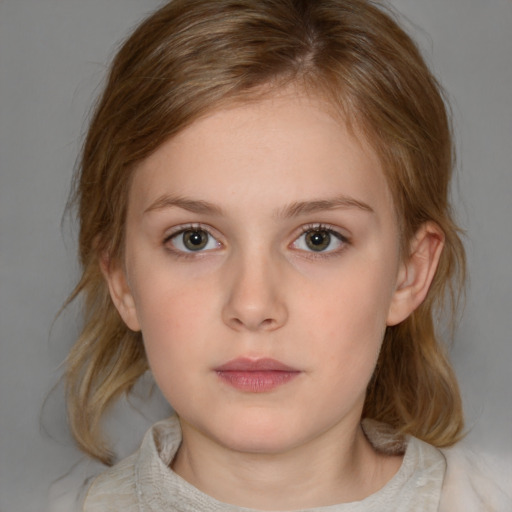 Neutral white child female with medium  brown hair and blue eyes