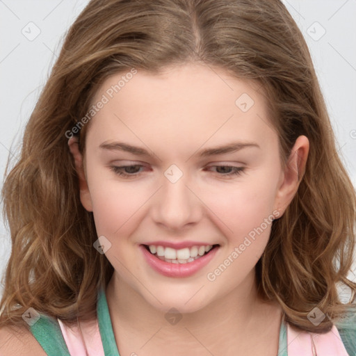 Joyful white child female with medium  brown hair and brown eyes