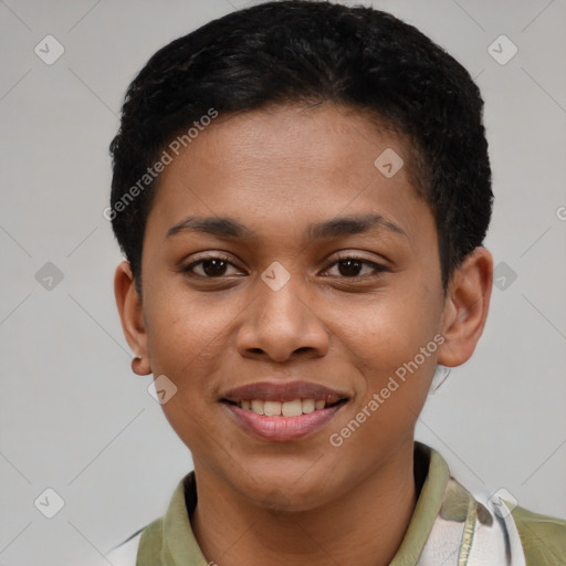 Joyful latino young-adult female with short  brown hair and brown eyes