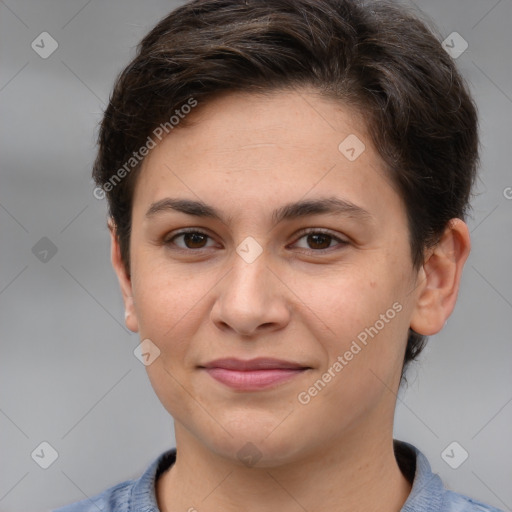 Joyful white young-adult female with short  brown hair and brown eyes