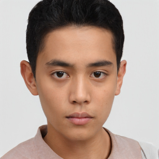 Neutral asian young-adult male with short  black hair and brown eyes