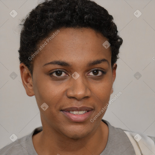 Joyful black young-adult female with short  brown hair and brown eyes