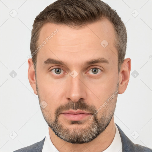 Neutral white adult male with short  brown hair and brown eyes