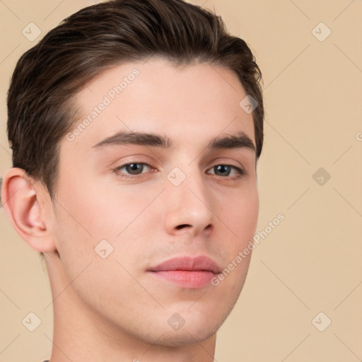 Neutral white young-adult male with short  brown hair and brown eyes