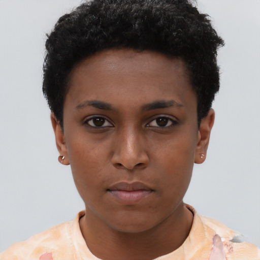Neutral black young-adult female with short  brown hair and brown eyes