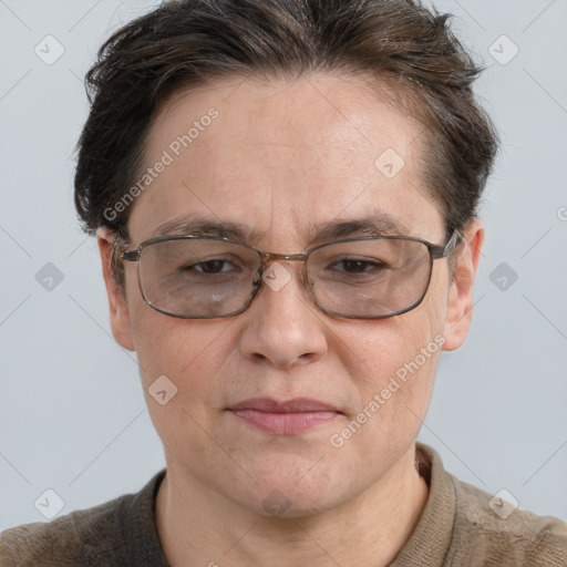 Joyful white adult male with short  brown hair and grey eyes