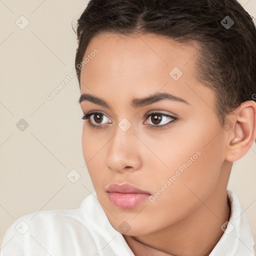 Neutral white young-adult female with short  brown hair and brown eyes