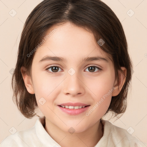 Joyful white child female with medium  brown hair and brown eyes