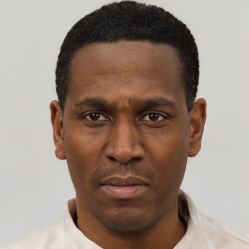 Neutral latino adult male with short  black hair and brown eyes