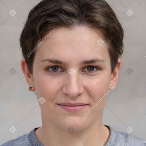 Joyful white young-adult female with short  brown hair and grey eyes