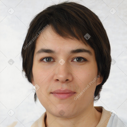 Joyful white young-adult female with medium  brown hair and brown eyes