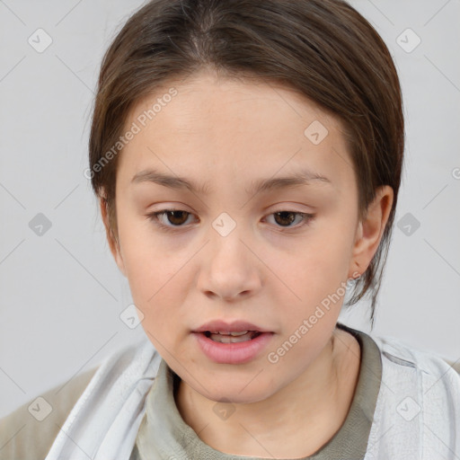 Joyful white child female with medium  brown hair and brown eyes