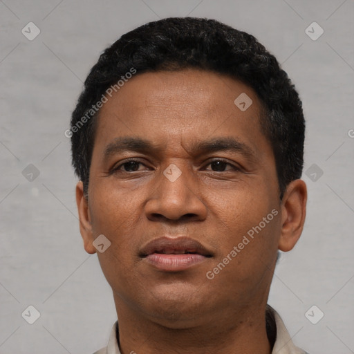 Joyful black young-adult male with short  black hair and brown eyes