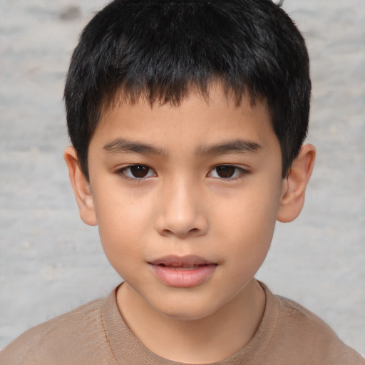 Joyful asian child male with short  brown hair and brown eyes