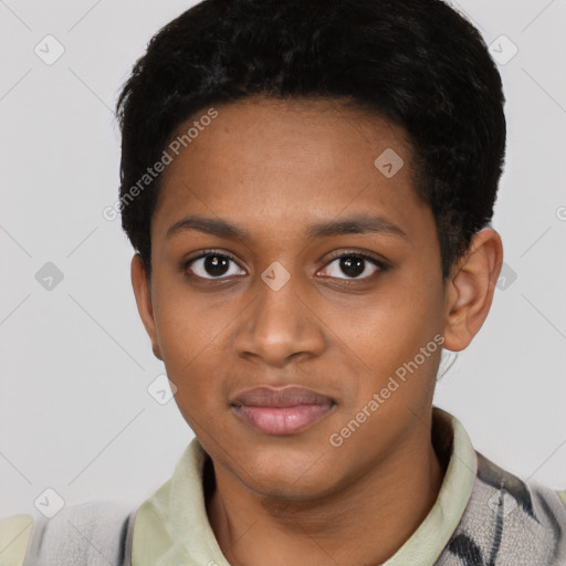 Neutral black young-adult female with short  black hair and brown eyes