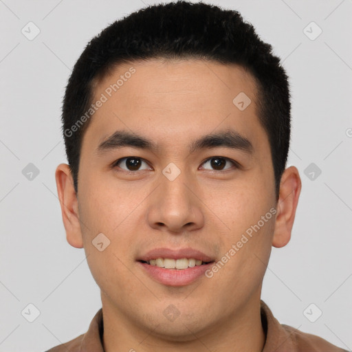 Joyful latino young-adult male with short  brown hair and brown eyes