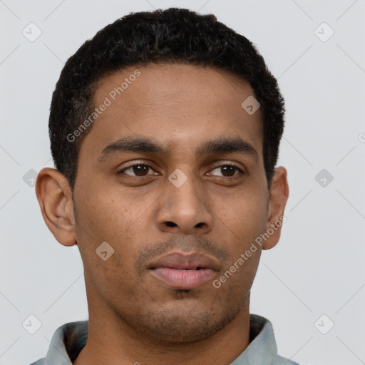 Neutral latino young-adult male with short  brown hair and brown eyes