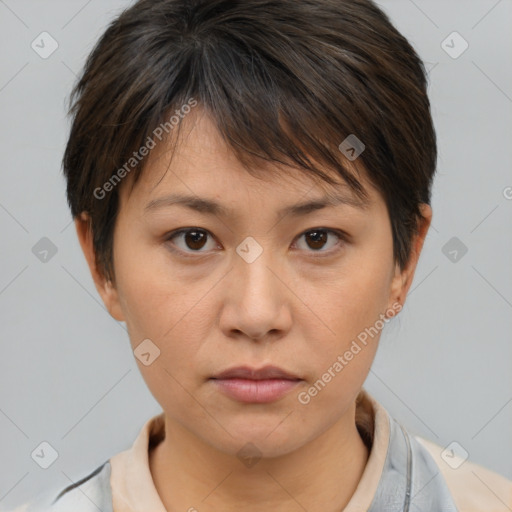 Neutral white young-adult female with medium  brown hair and brown eyes