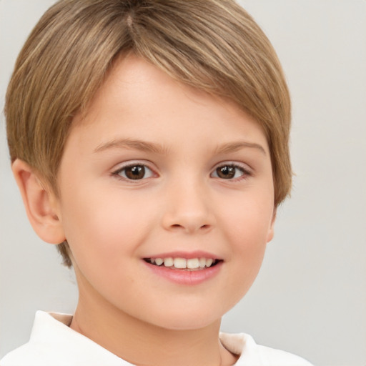 Joyful white child female with short  brown hair and brown eyes