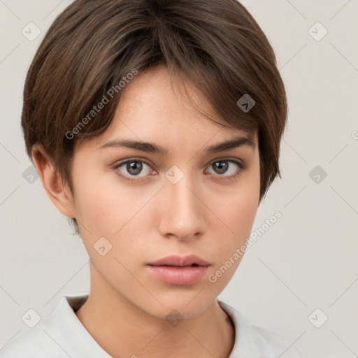 Neutral white young-adult female with short  brown hair and brown eyes