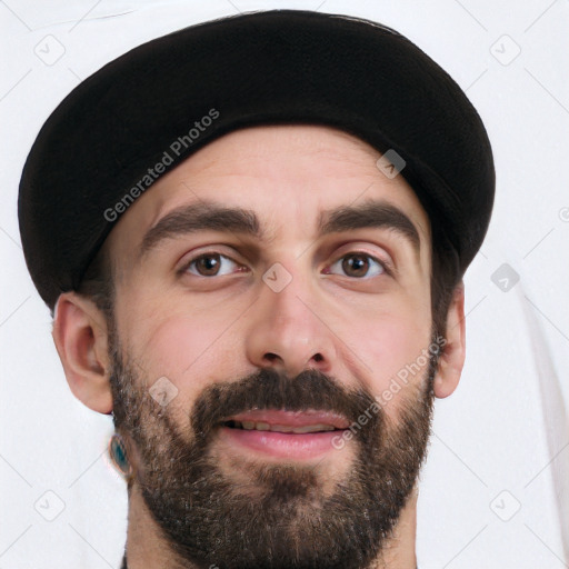 Joyful white young-adult male with short  black hair and brown eyes