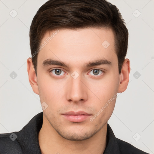 Neutral white young-adult male with short  brown hair and brown eyes