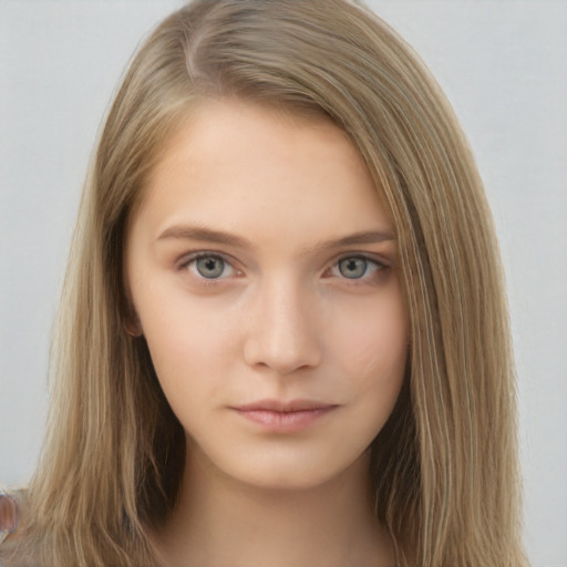 Neutral white young-adult female with long  brown hair and grey eyes