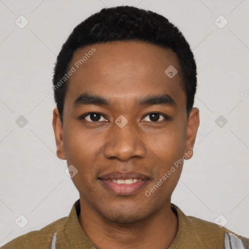 Joyful black young-adult male with short  black hair and brown eyes