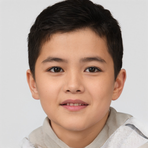 Joyful asian child male with short  brown hair and brown eyes