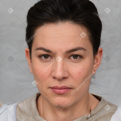 Joyful white adult female with short  brown hair and brown eyes