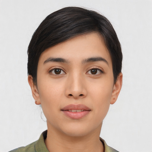 Joyful asian young-adult female with medium  black hair and brown eyes
