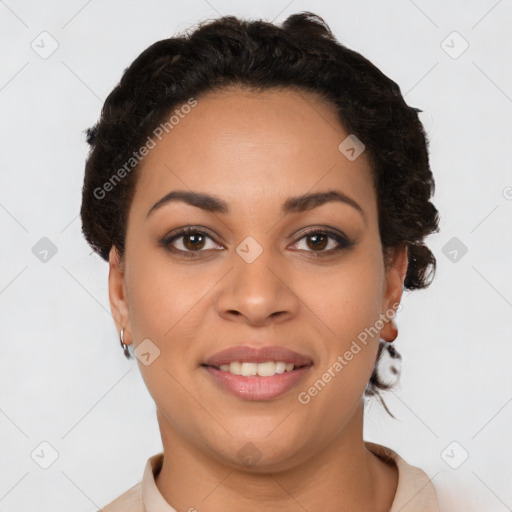 Joyful latino young-adult female with short  brown hair and brown eyes