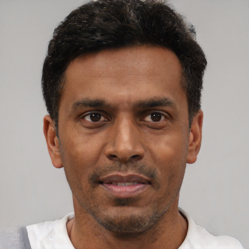 Joyful latino adult male with short  black hair and brown eyes