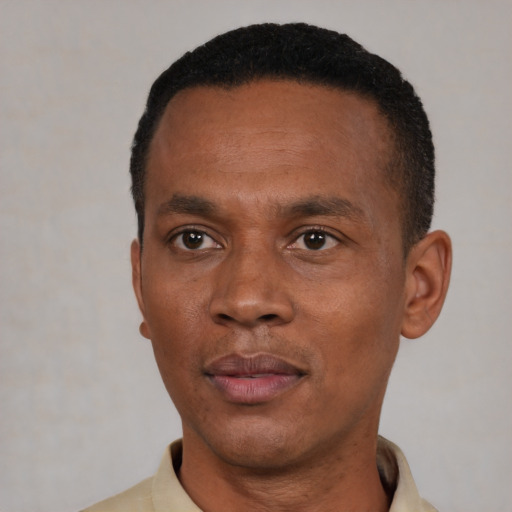 Neutral latino adult male with short  black hair and brown eyes