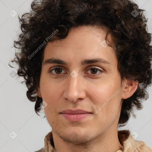 Joyful white young-adult male with medium  brown hair and brown eyes