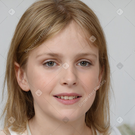 Joyful white child female with medium  brown hair and blue eyes