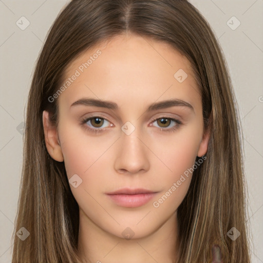 Neutral white young-adult female with long  brown hair and brown eyes