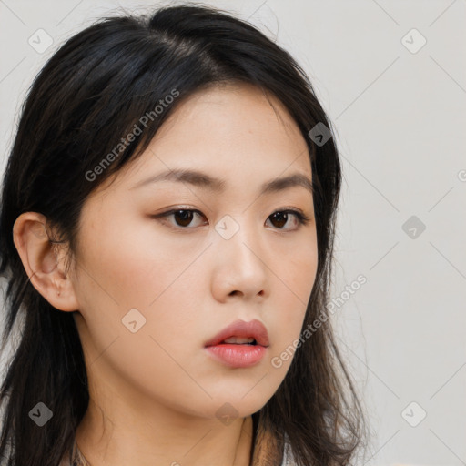 Neutral asian young-adult female with long  brown hair and brown eyes